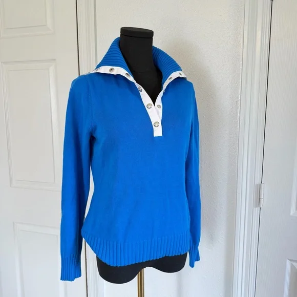 Lauren Ralph Lauren Blue Cotton Sweater Snap Collar Pullover Preppy Size Small - Picture 2 of 10